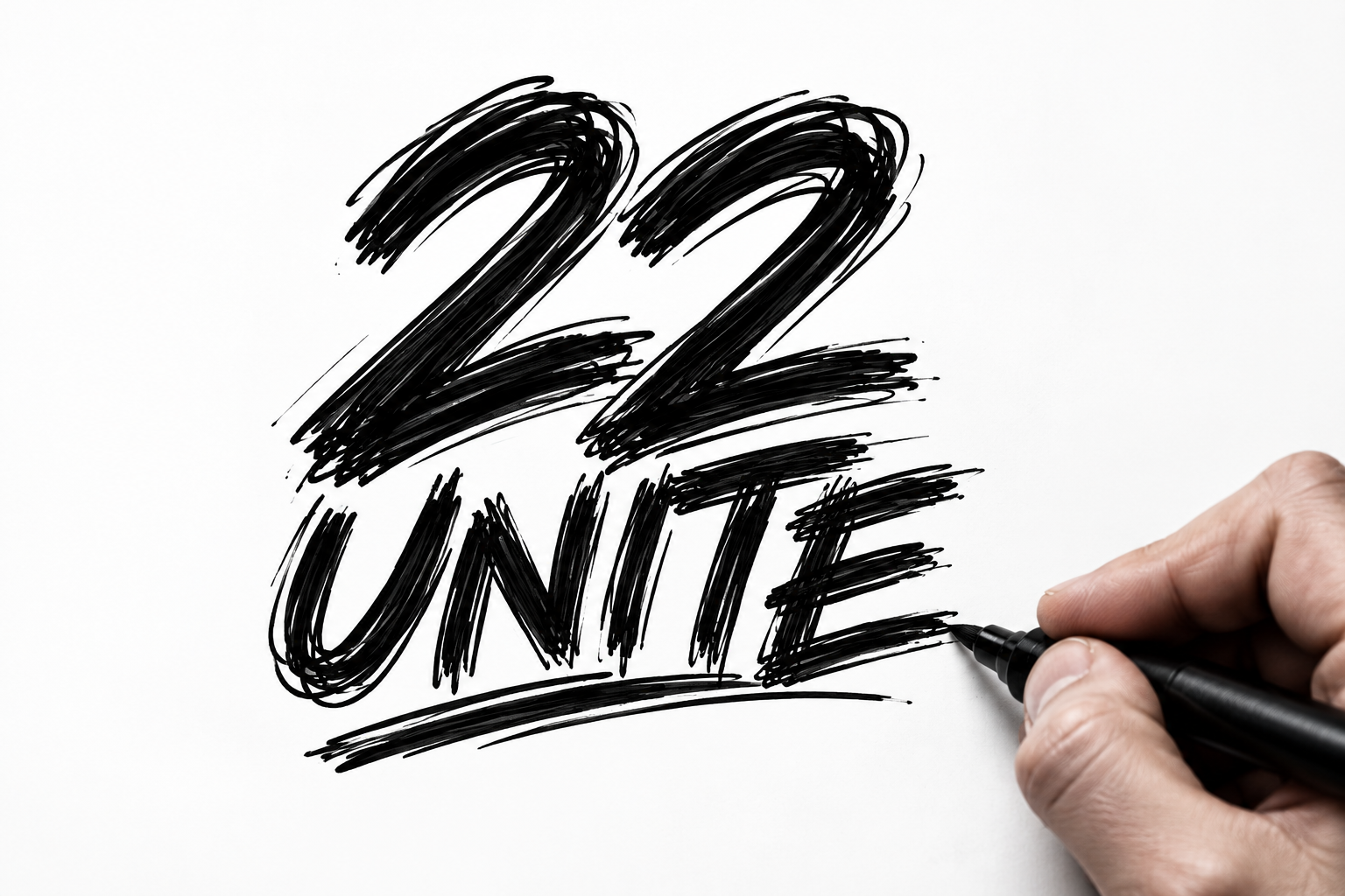 Hand-drawn 22 Unite wordmark being sketched