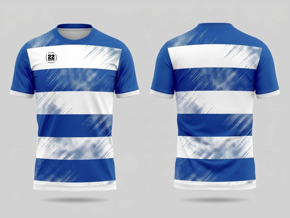 Hoop 02 blue and white football match shirt, front and rear views
